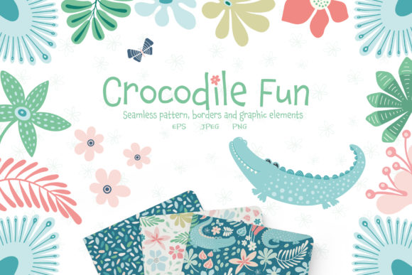 Crocodile Fun in a Tropical Garden of Flowers and Foliage