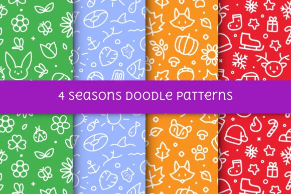 Cute Seasons Line Art Doodle Pattern Set