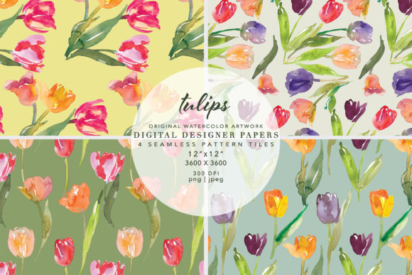 Watercolor Tulip Seamless Pattern Set
